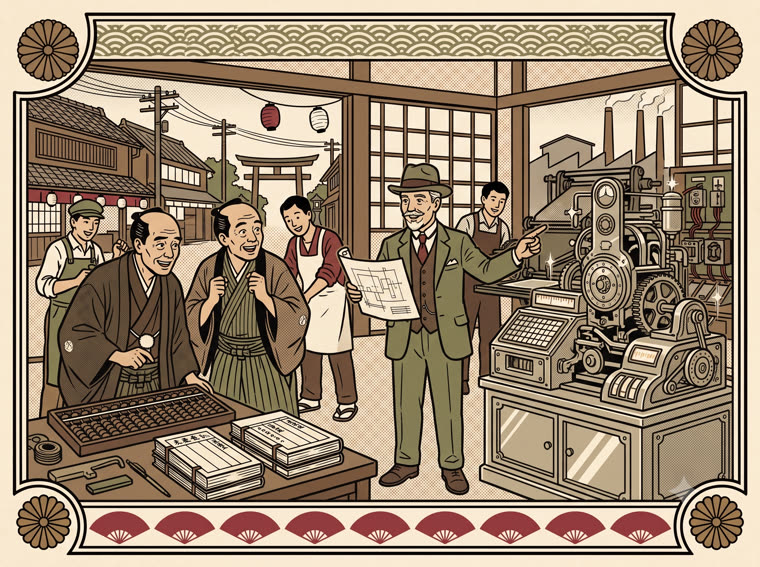 洋装の紳士が商家に新しい仕掛け図を示し旧い帳場が近代機械に一新される引き札風の絵(DXコンサルティング)