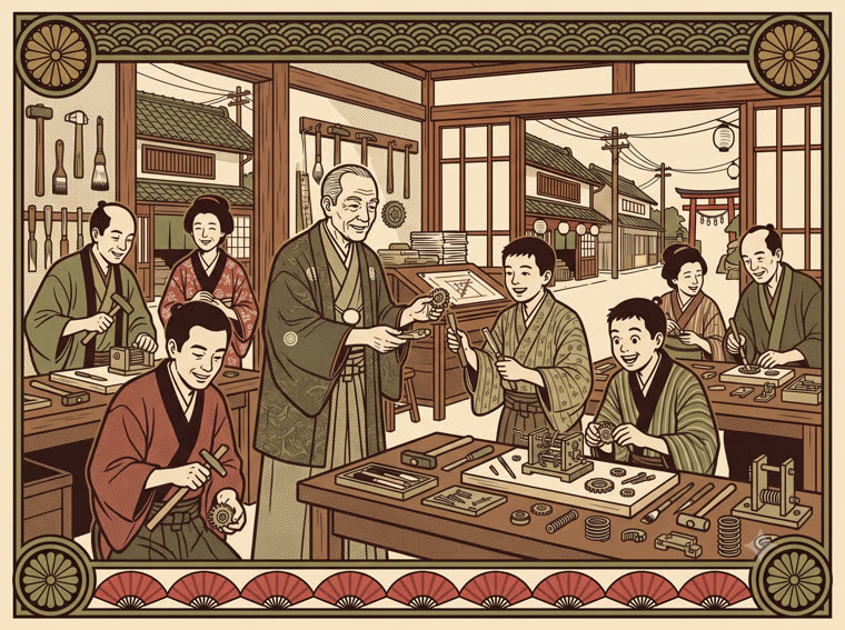 親方が弟子たちに道具を手渡し技を伝授する引き札風の絵(内製化支援)