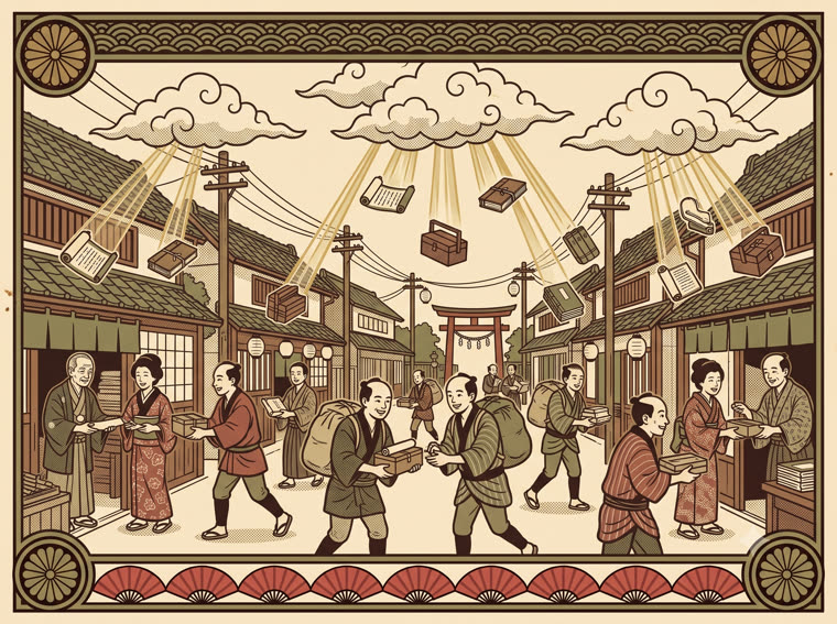 雲から巻物や道具箱が各商家へ届けられる引き札風の絵(SaaS・クラウド)