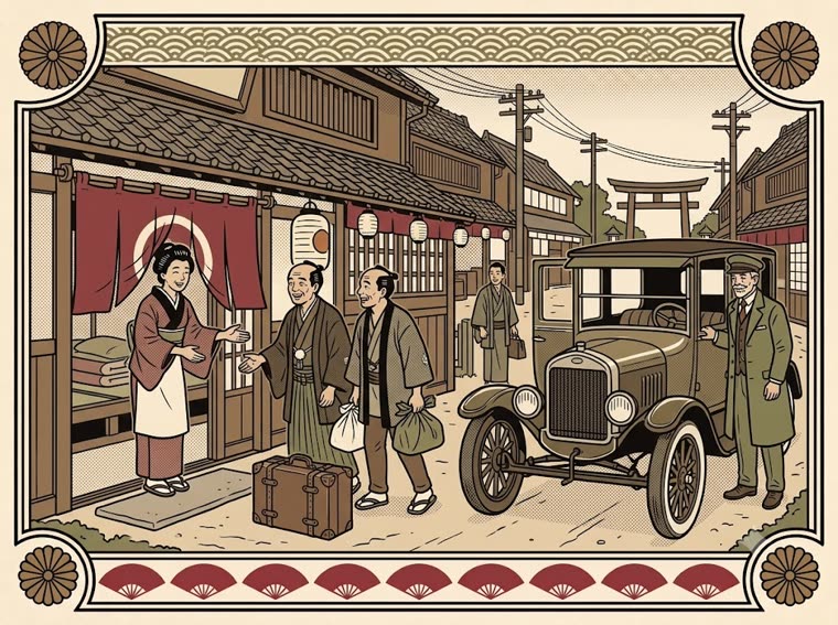大正のクラシックカーと運転手、暖簾を掲げた旅館で女将が旅人を迎える引き札風の絵(モビリティ&ステイ・レンタカーと民泊)